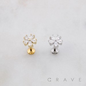 ROUND 5 PETALS CZ FLOWER THEADLESS (PUSH IN) 316L SURGICAL STEEL LABRET SET